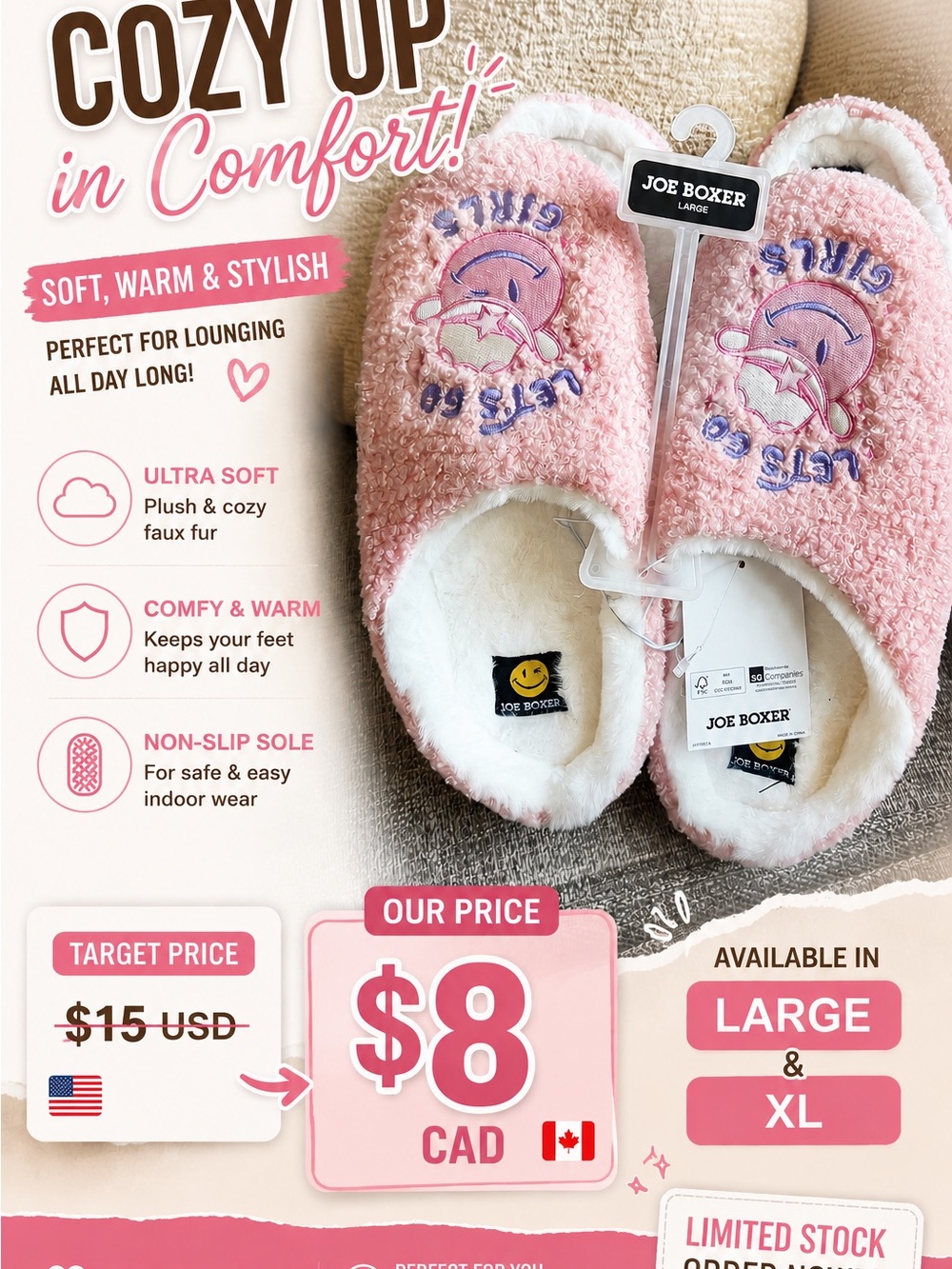 Joe Boxer Pink Plush Embroidered Girls' Slip-On Slippers
